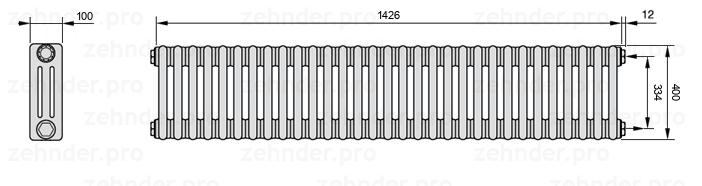 Схема (чертеж) Радиатор Zehnder Charleston 3040/31 №7610 Белый глянцевый RAL 9016